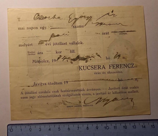 1900-as vek elejrl irat (Kucsera Ferencz[n] Miskolcz